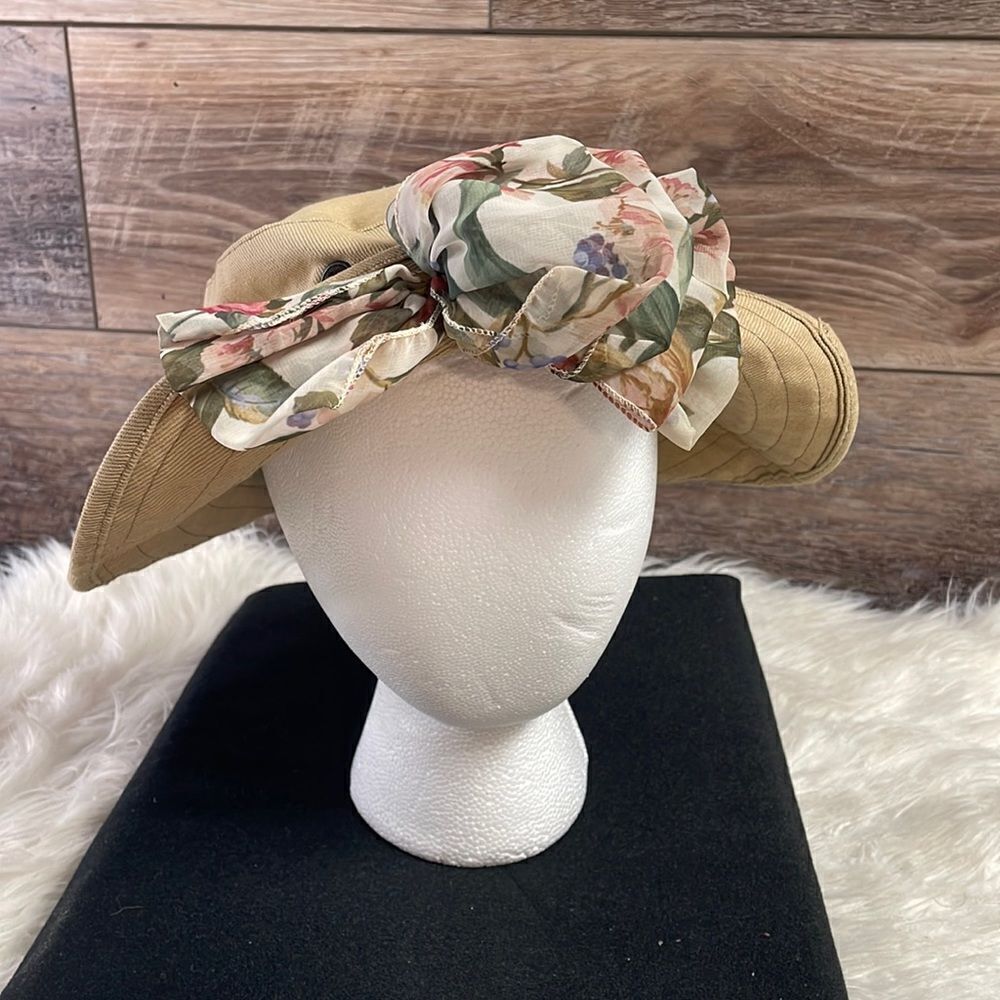 Cotton Hat with Floral Scarf Attached Bow, Ladies Size Large, Tan